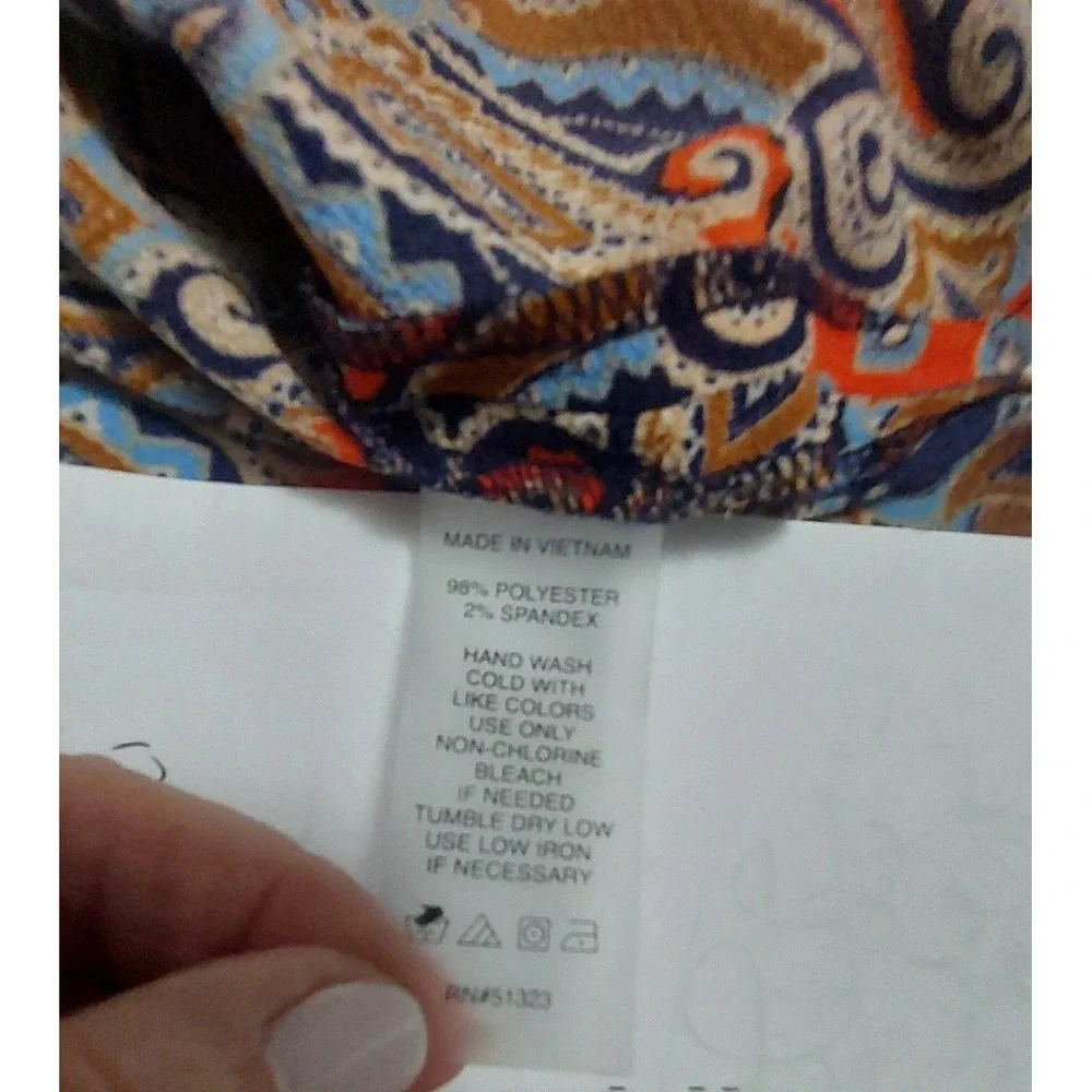 Chaus NY Womens Large Paisley Popover Blouse 3/4 Roll Tab Sleeves V Neck